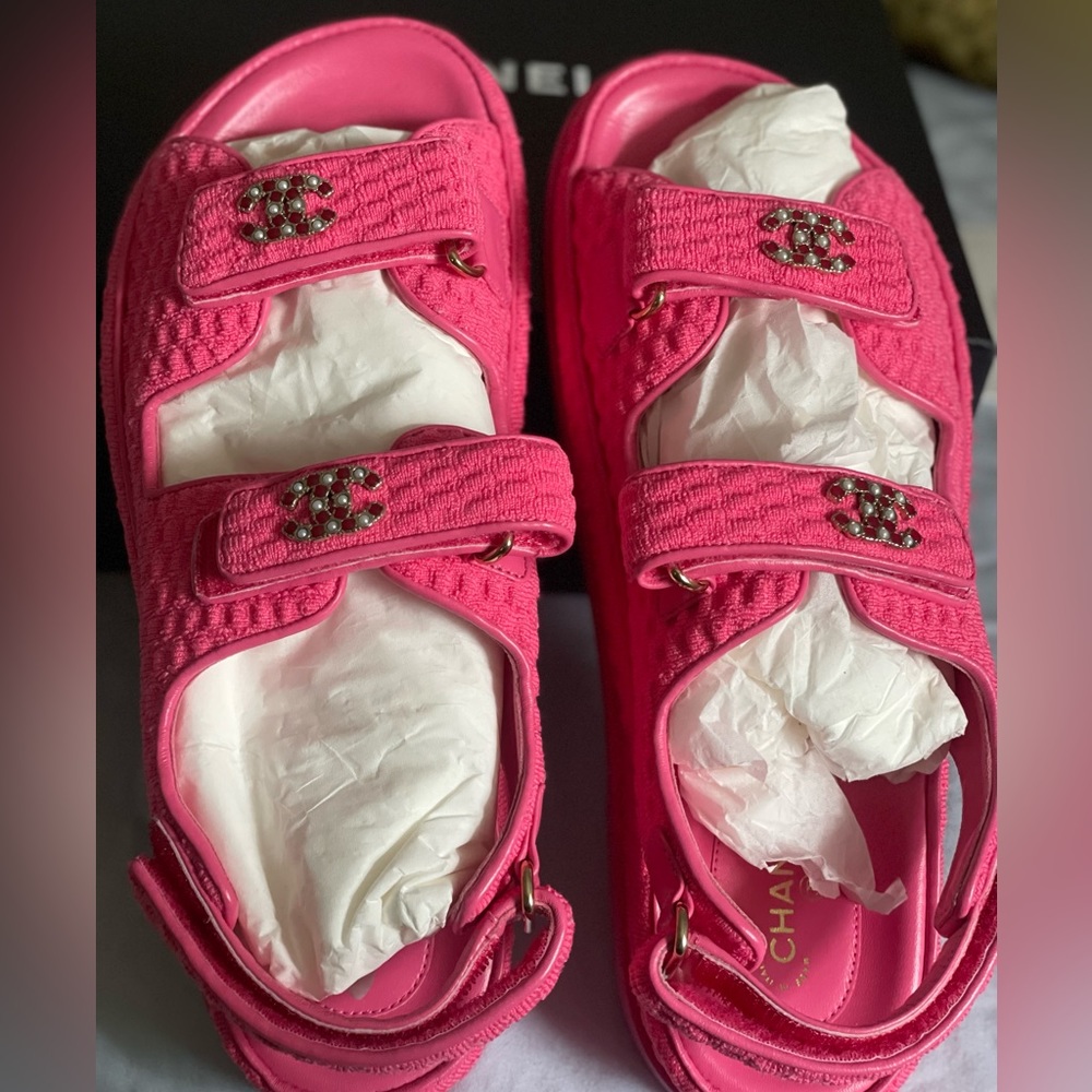 CHANEL Knit Fabric Velcro Dad Sandals